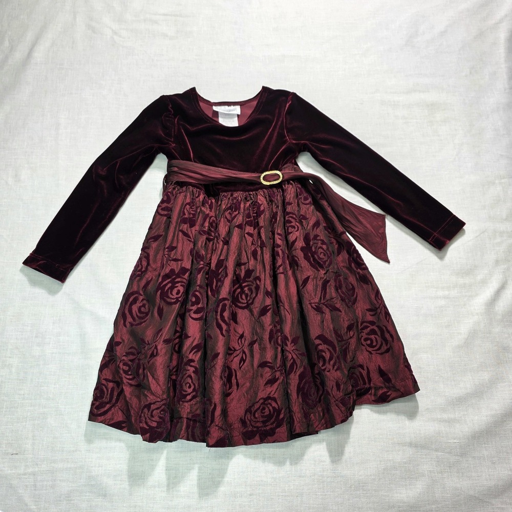 Vtg Bonnie Jean Dress Girls 4 Burgundy Velvet Burn Out Skirt Sash Holiday‎ Union